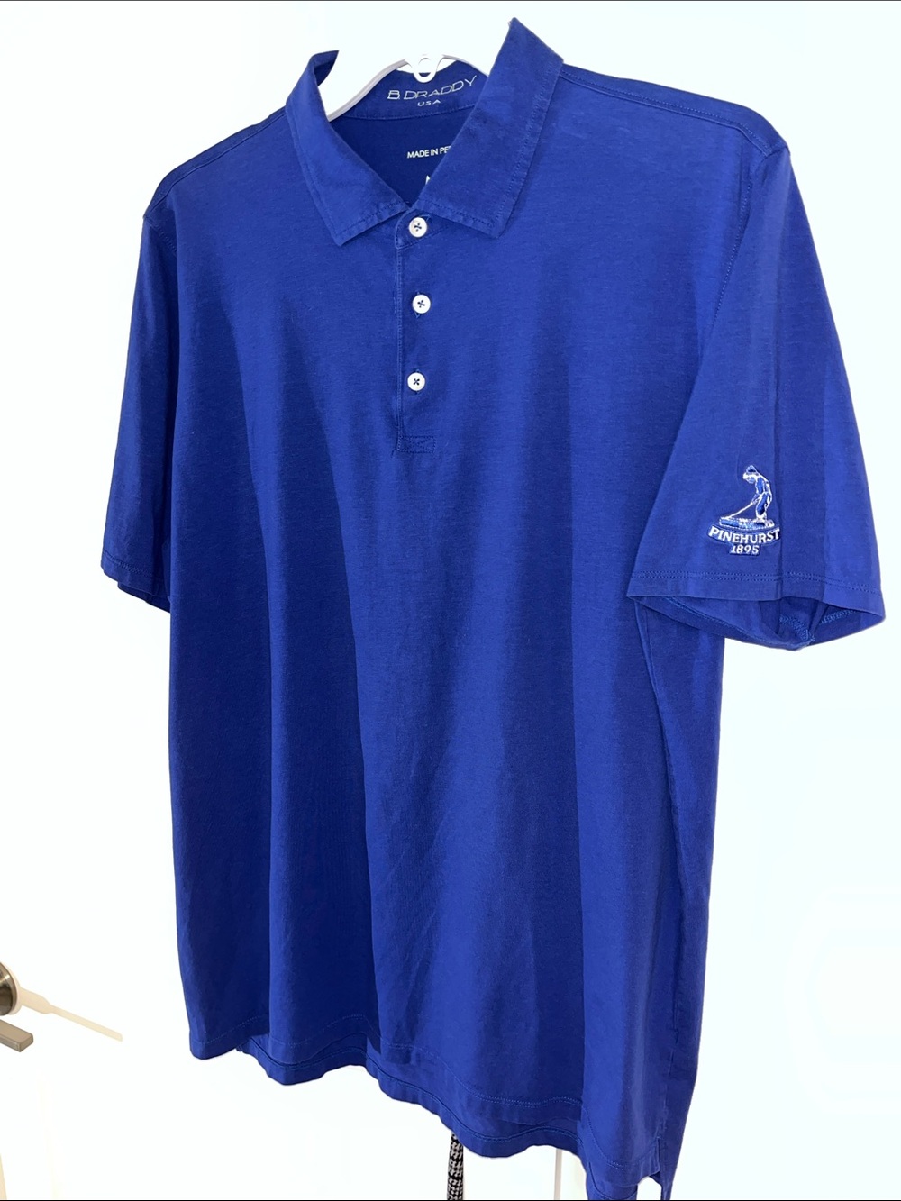B Draddy Pinehurst Putter Boy Golf polo shirt M cotton blend Duke Royal Blue